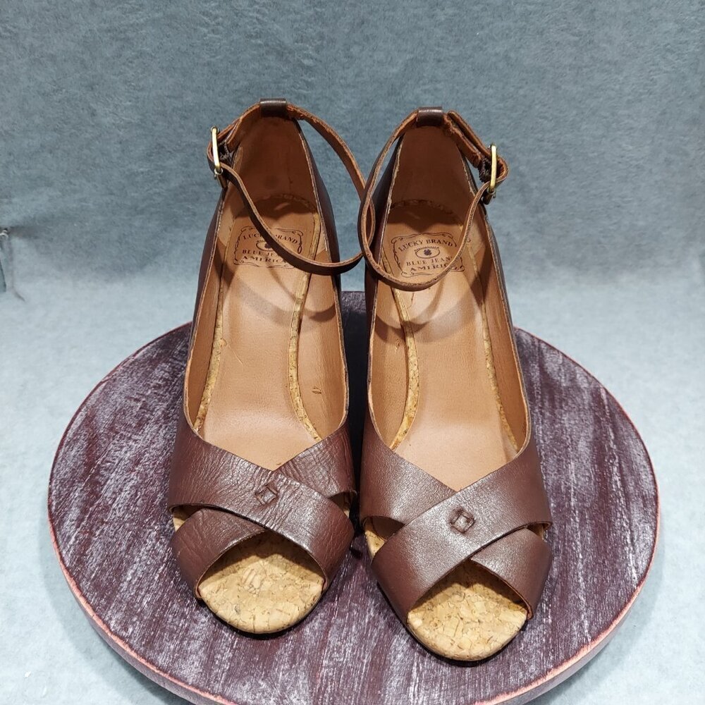 Lucky Brand Tan Cork Wedge Platform Sandals Size 9.5M with paisley print - Picture 3 of 15